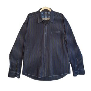 7 Diamonds Mens Button Down Long Sleeve Flip Cuff Screen Back Blue Stripe XXL